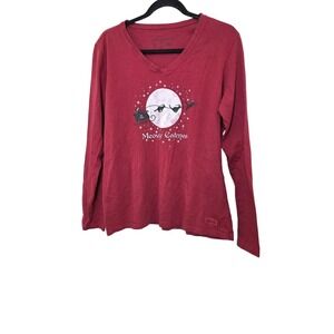 Life Is Good Women's L Red Long-Sleeve V-Neck Shirt With Festive "Meowy Catmas"